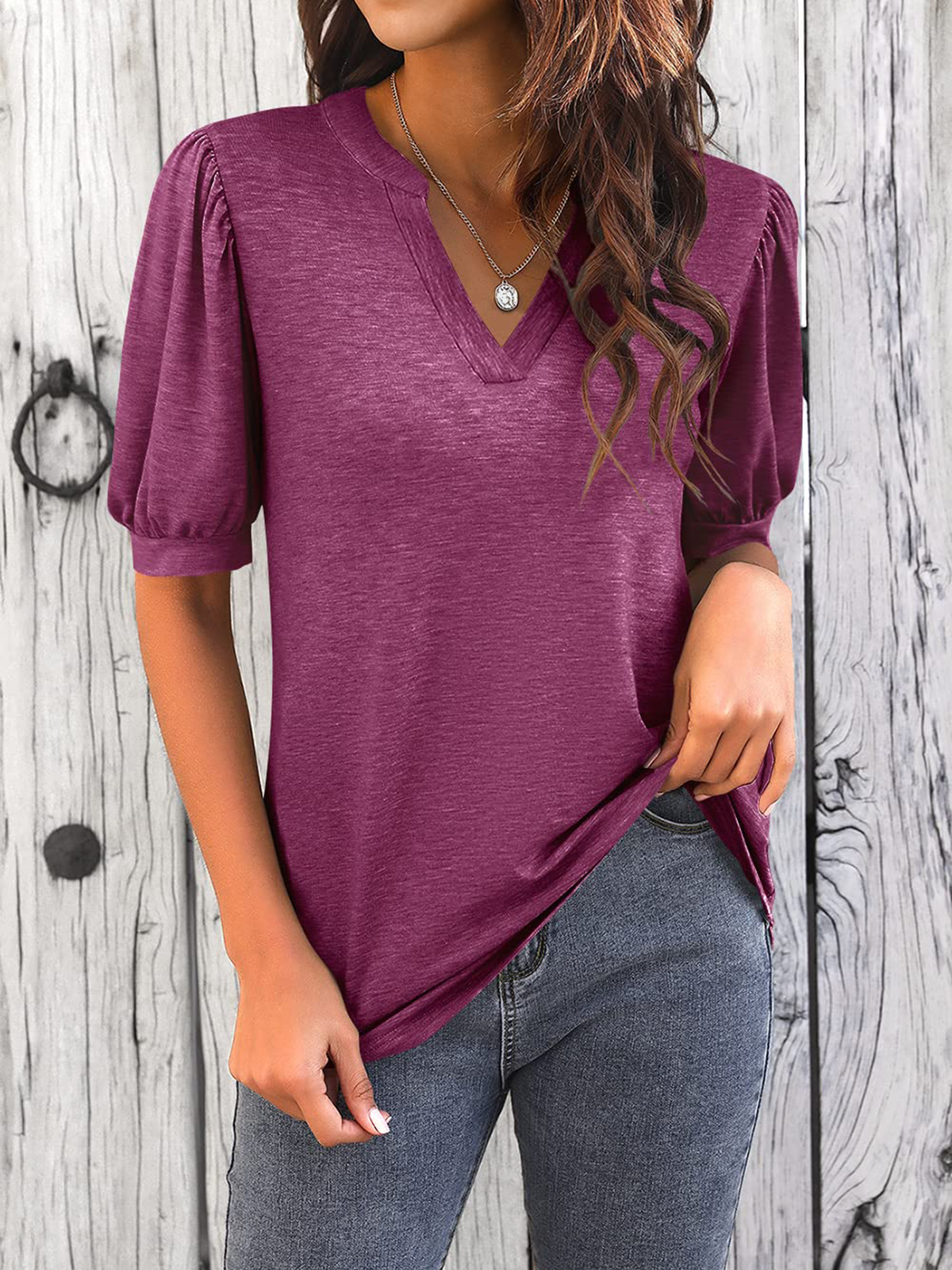 Imily Bela Womens V Neck T Shirts Casual Puff Sleeve Loose Dressy Blouses Summer Tops