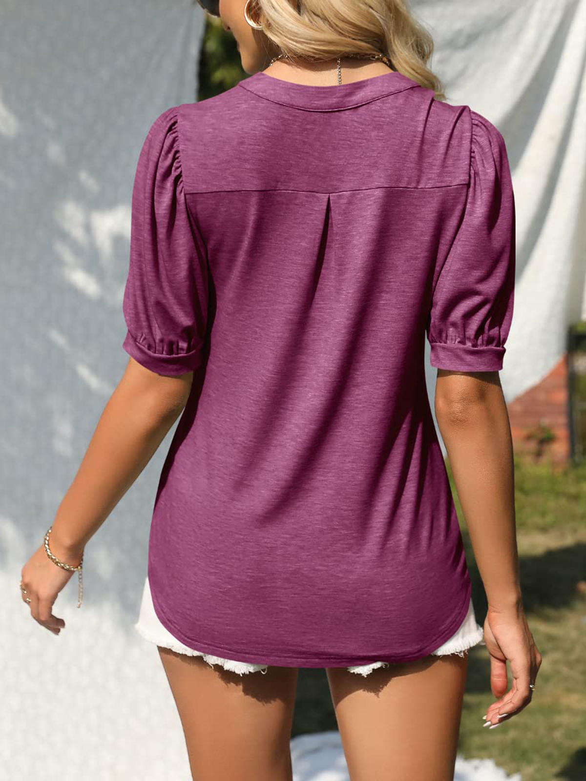 Imily Bela Womens V Neck T Shirts Casual Puff Sleeve Loose Dressy Blouses Summer Tops