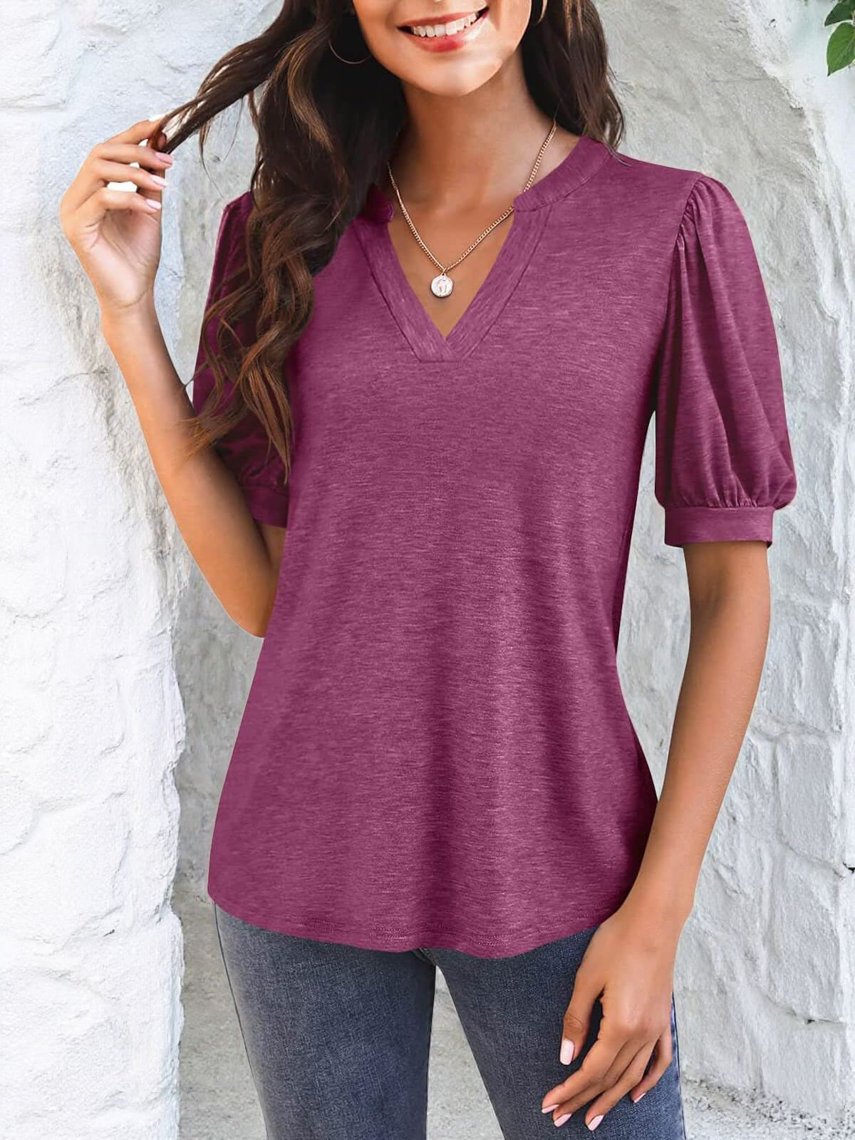 Imily Bela Womens V Neck T Shirts Casual Puff Sleeve Loose Dressy Blouses Summer Tops