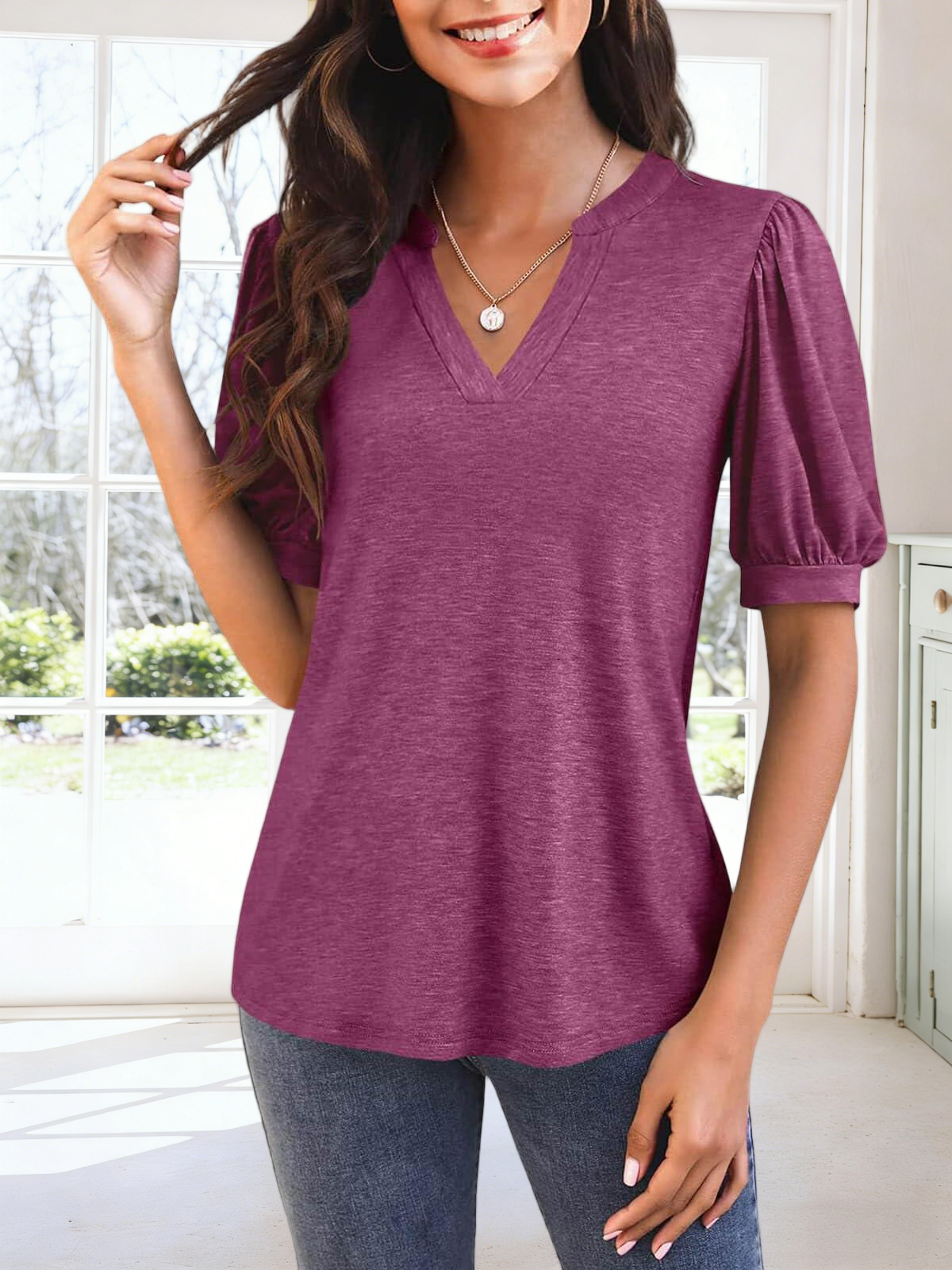 Imily Bela Womens V Neck T Shirts Casual Puff Sleeve Loose Dressy Blouses Summer Tops