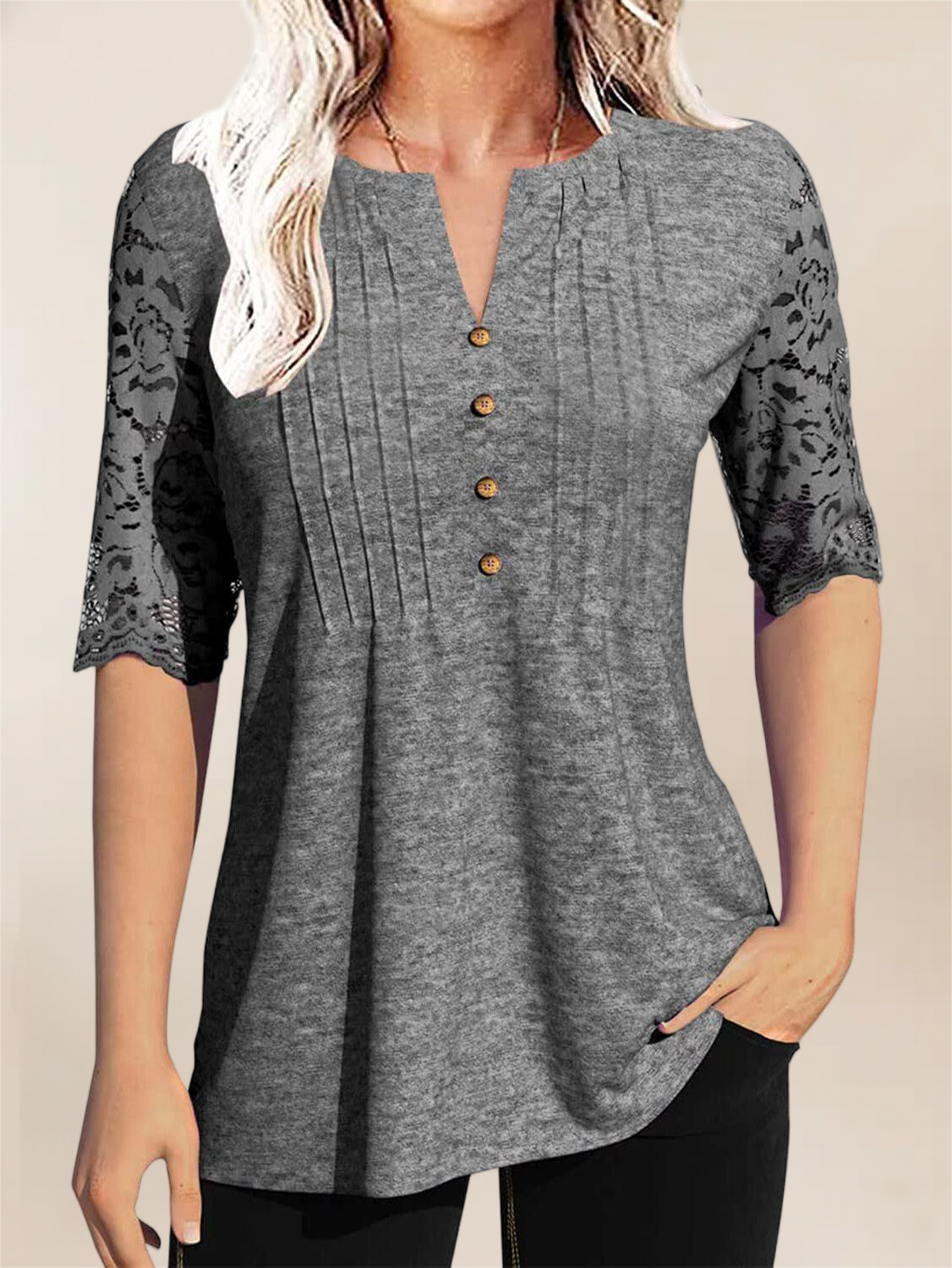 Imily Bela Womens Summer Tops Pleated Button Down Short Sleeve T-Shirt V-Neck Casual Lace Blouse