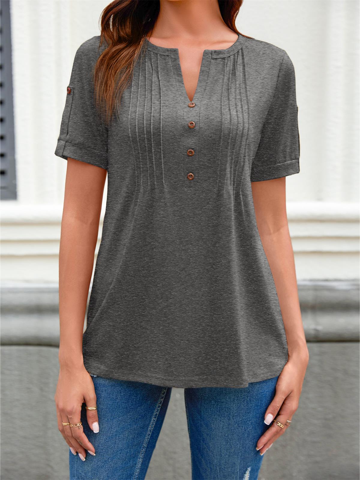 Imily Bela Women's Zipper Summer Pleated Button Short Sleeve T-Shirt Summer V-Neck Solid Color Casual top