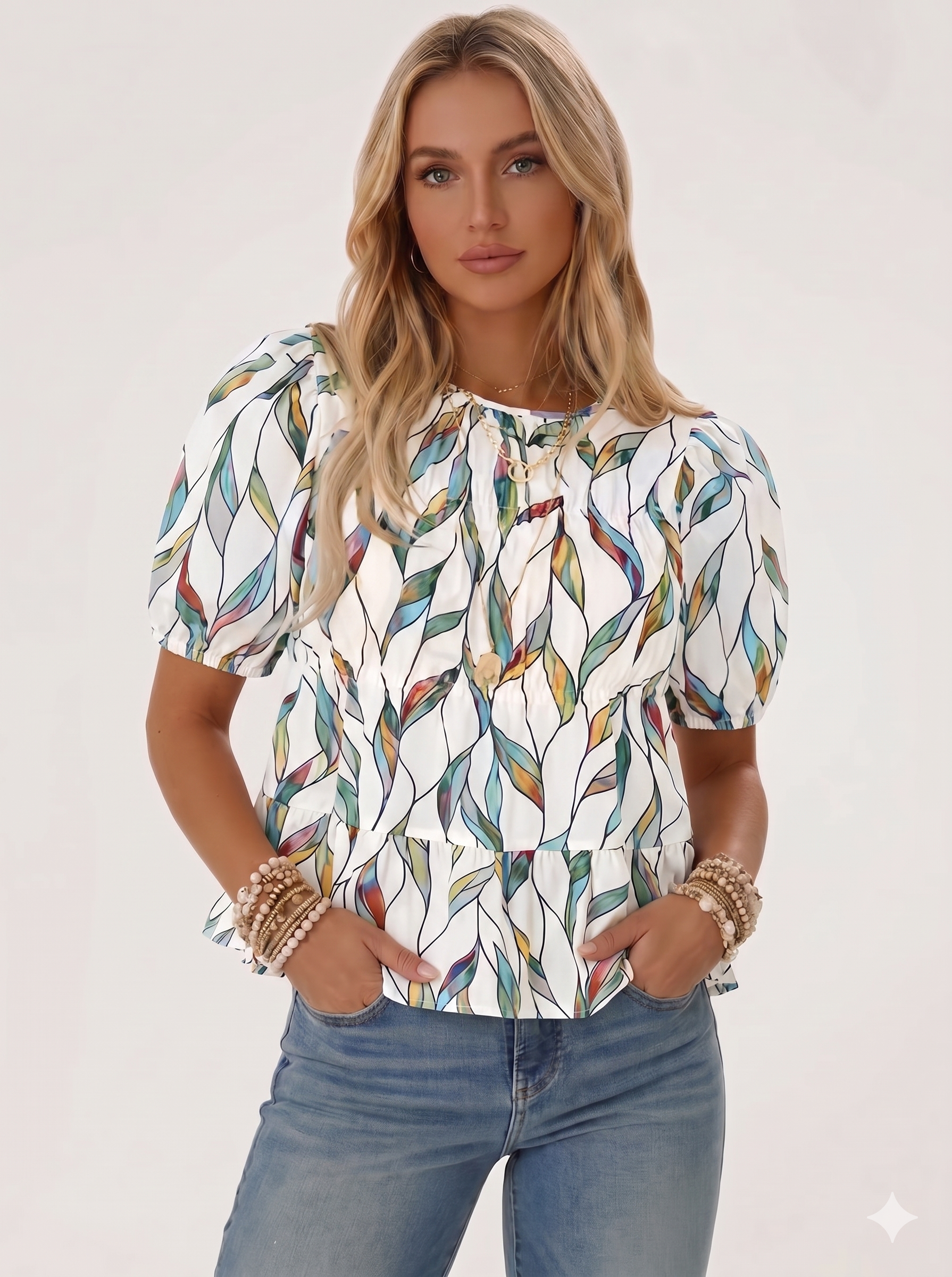 Womens Puff Sleeve Peplum Babydoll Tops Summer Flowy Pleated Cotton T-Shirts Casual Loose Fit Cute Blouse