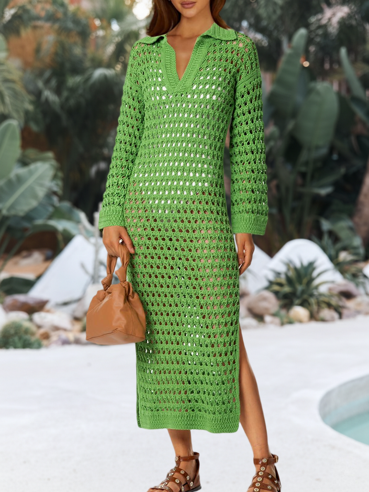 Imily Bela Womens Crochet Swimsuit Cover Up V Neck Collared Long Sleeve Mesh Knit Long Beach Coverup Maxi Dress