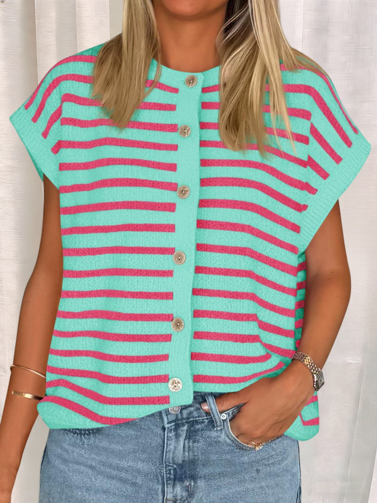 Imily Bela Womens Striped Cap Sleeve Sweater Vest Crew Neck Button Down Cardigan Cute Knit Tops