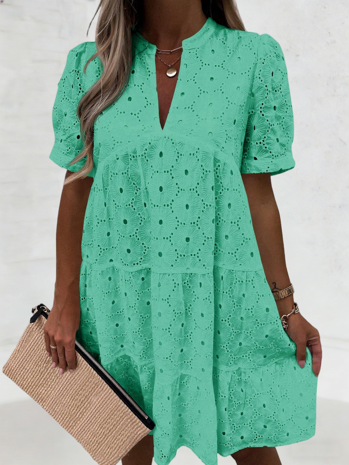 Imily Bela Womens Summer Lace Dresses Eyelet Casual Flowy Babydoll Swing Short Sleeve V Neck Tunic Dress