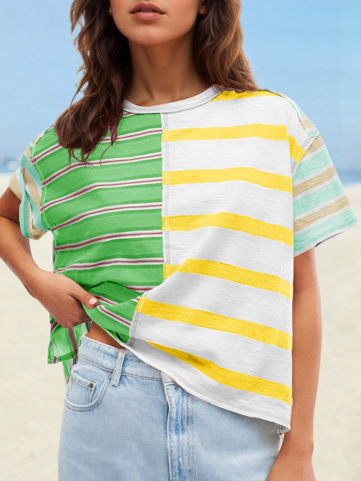 Imily Bela Womens Summer Striped Shirts Casual Color Block Short Sleeve Tops Loose Fit Crew Neck Tees