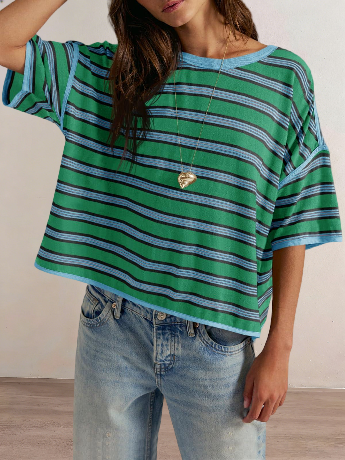 Imily Bela Womens Oversized Striped T-Shirts Summer Casual Color Block Short Sleeve Tops Drop Shoulder Boxy Tees