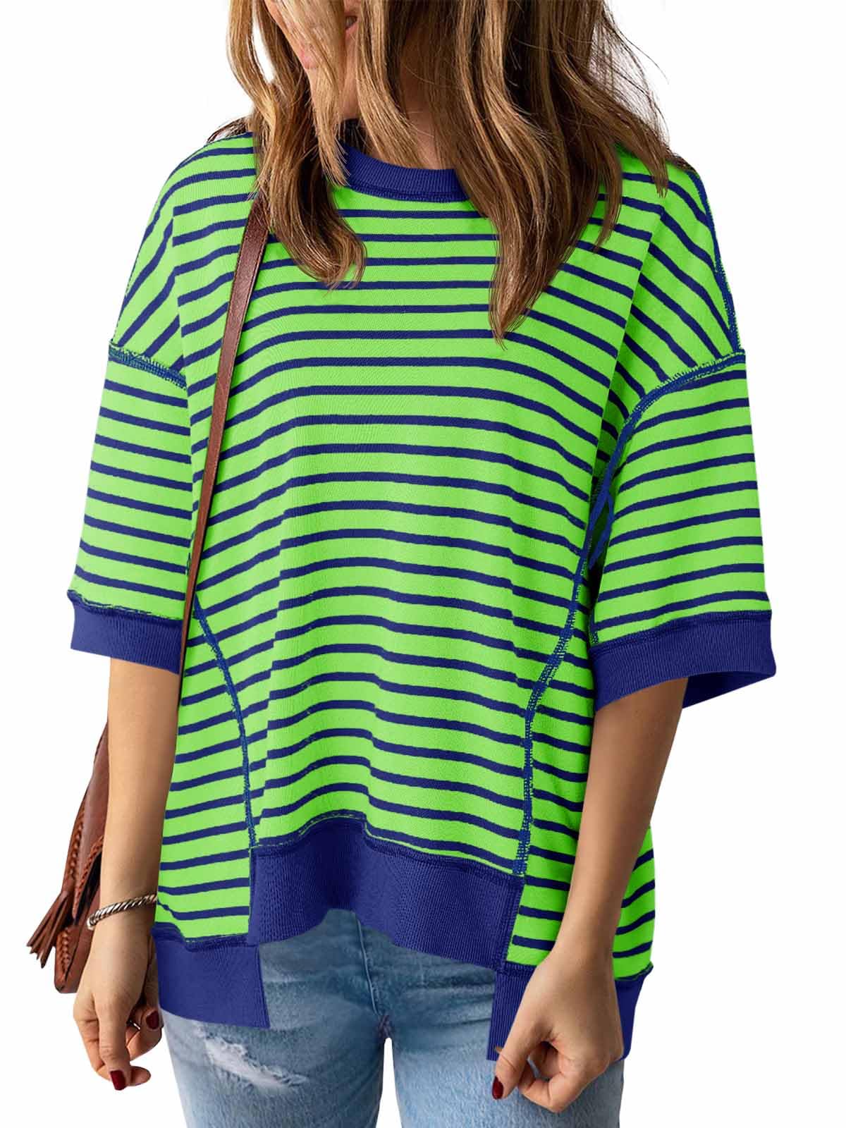 Imily Bela Womens Oversized T Shirts Striped Color Block Cotton Tops Summer Casual Half Sleeve Loose Fit Crewneck Sweatshirts