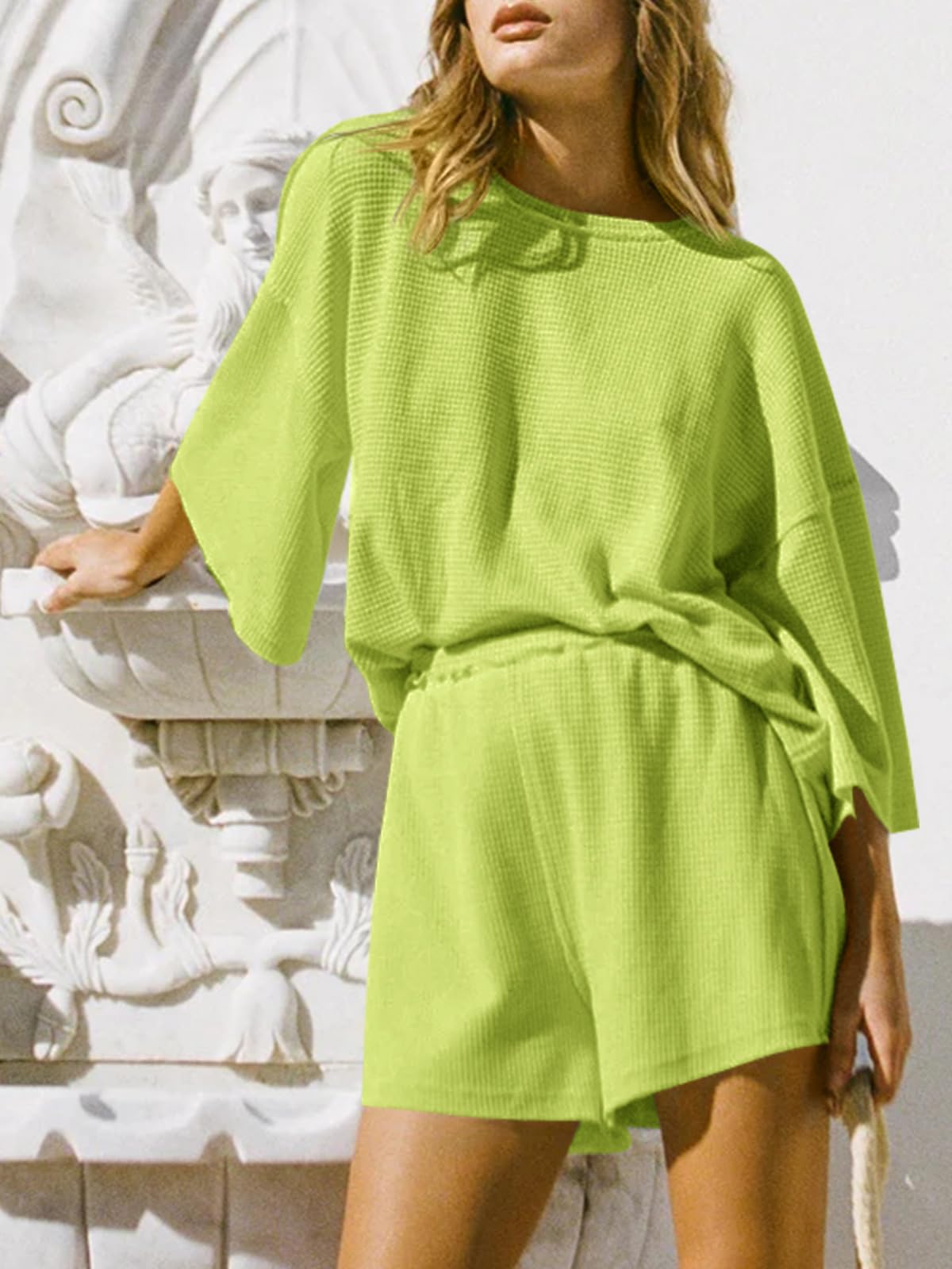 Imily Bela Womens Short Sets 2 Piece Outfits 3/4 Sleeve Tops and Elastic Waist Shorts Lounge Set Casual Loungewear