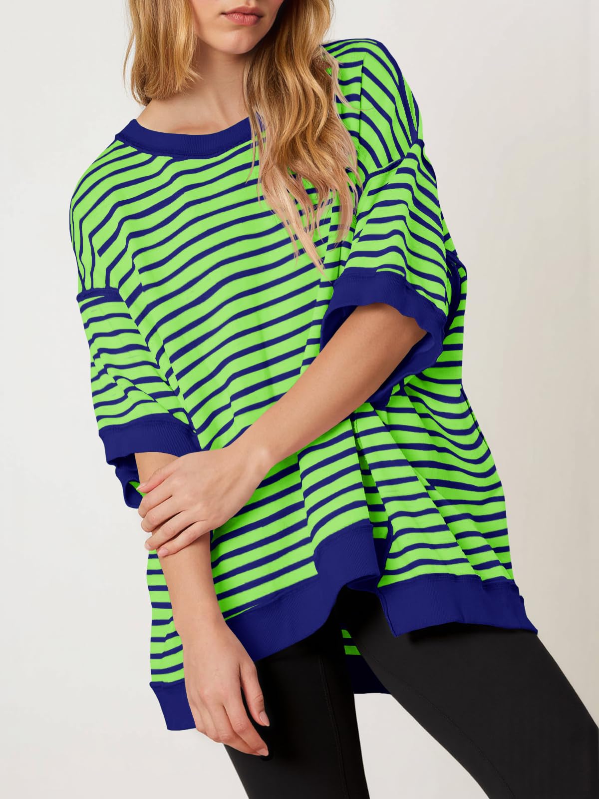 Imily Bela Womens Oversized T Shirts Striped Color Block Cotton Tops Summer Casual Half Sleeve Loose Fit Crewneck Sweatshirts