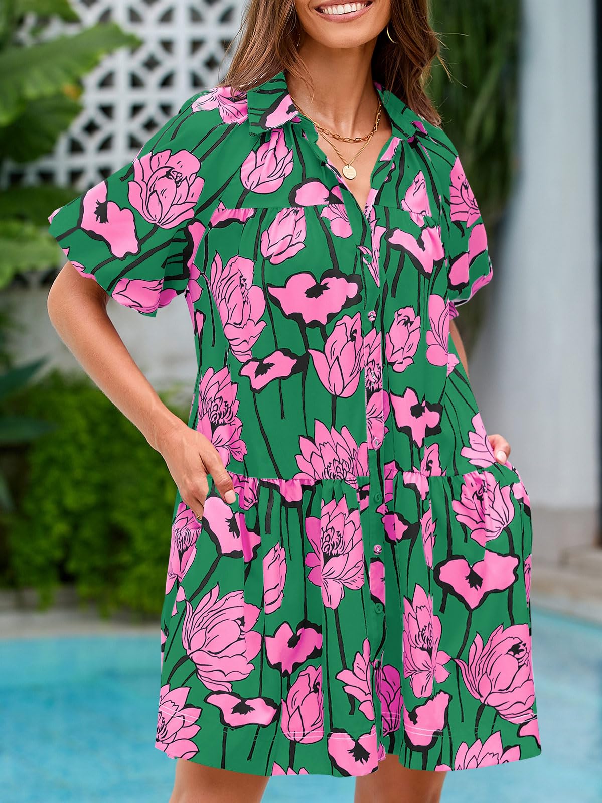 Imily Bela Women's Summer Button Down Shirt Dress Floral Puff Short Sleeve Casual Loose Fit Beach Mini Dresses