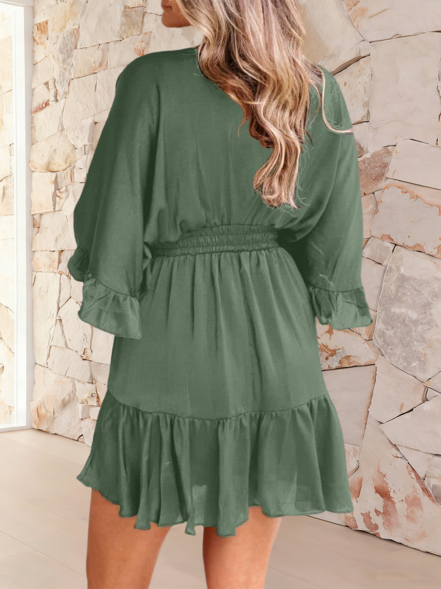 Imily Bela Womens V Neck Casual Dresses Summer Loose High Waist Ruffle Pleated Cute Mini Short Dress