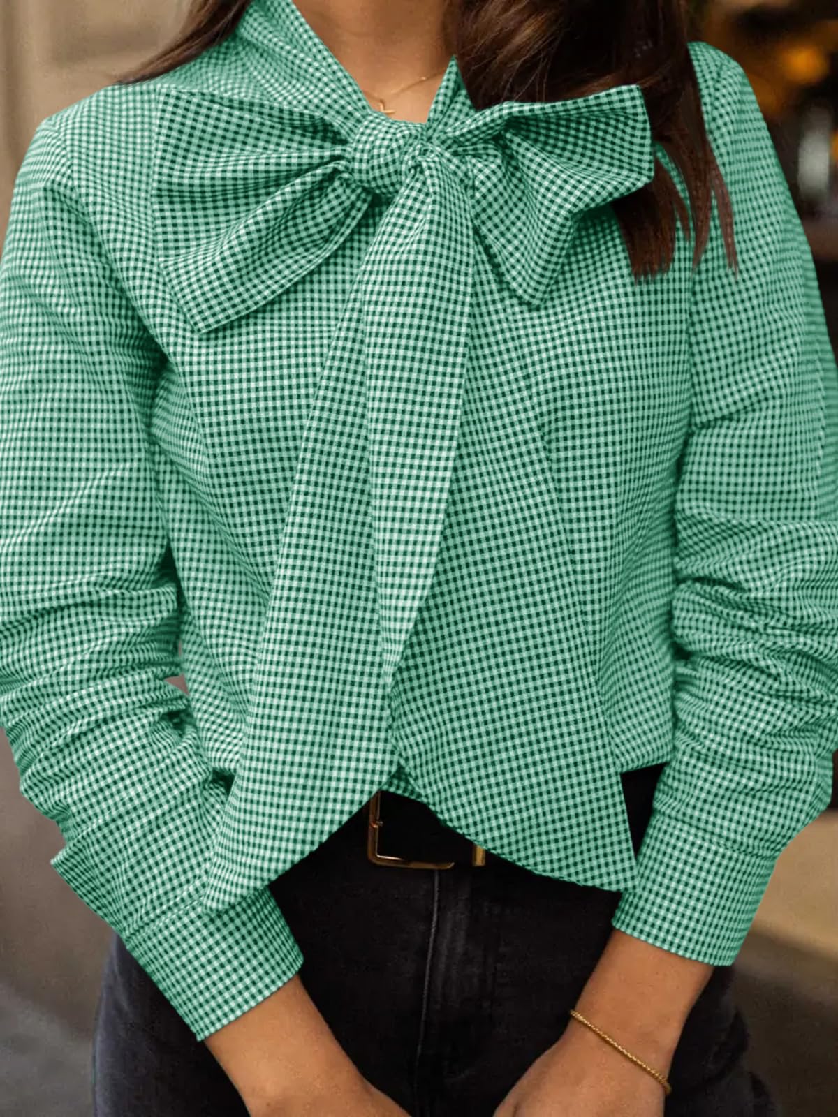 Imily Bela Womens Plaid Shirts Bow Tied Neck Button Down Long Sleeve Casual Dressy Blouse Tops