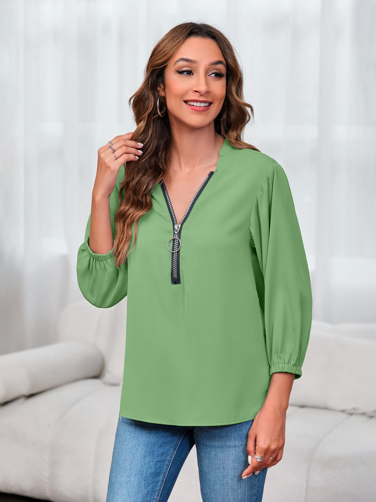 Imily Bela Womens V-Neck Lantern Sleeve Blouse Zipper Design Loose Casual Top Shirts