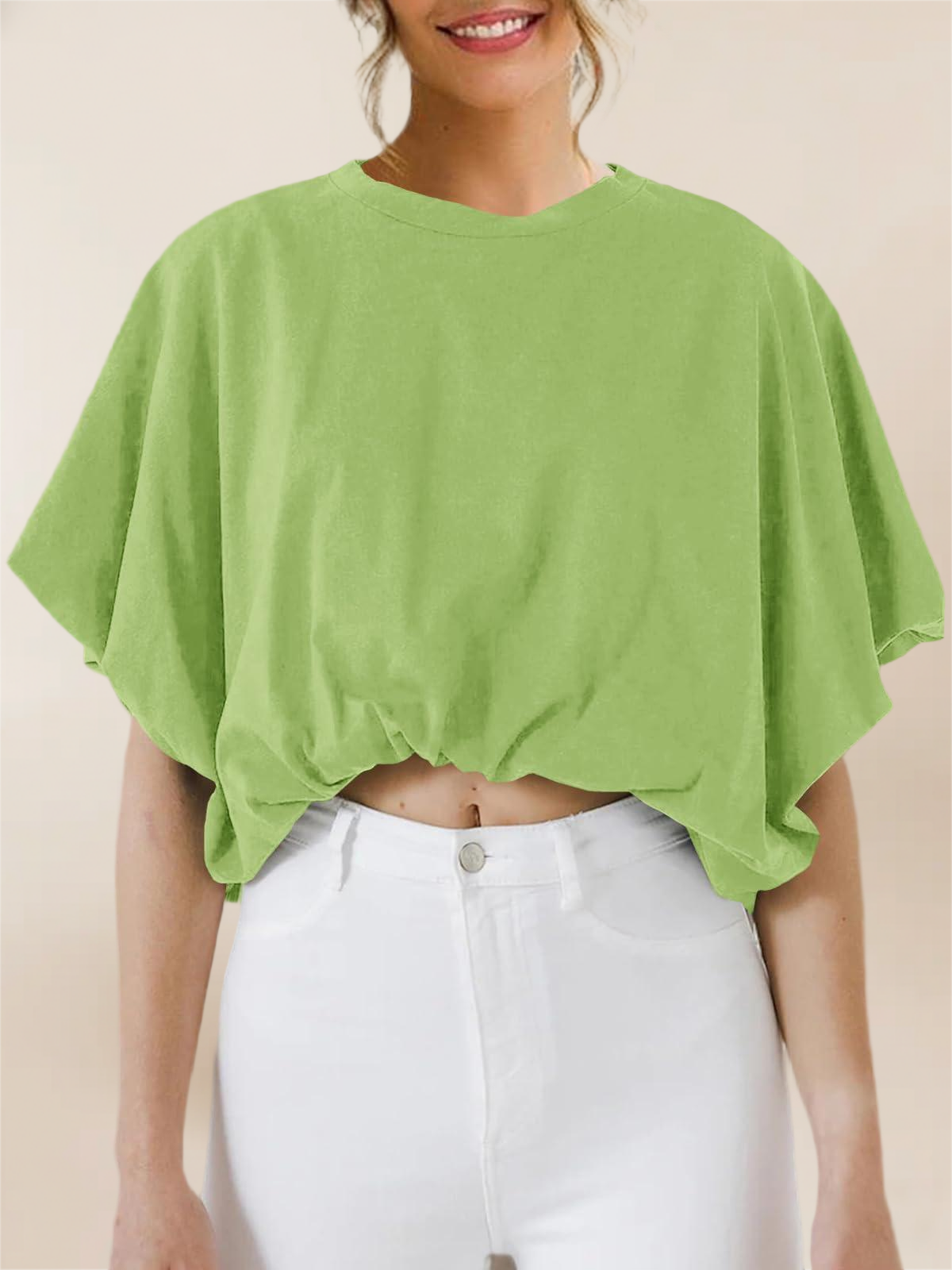 Imily Bela Womens Summer Crewneck Crop Tops Short Sleeve Casual Loose Cropped T Shirts