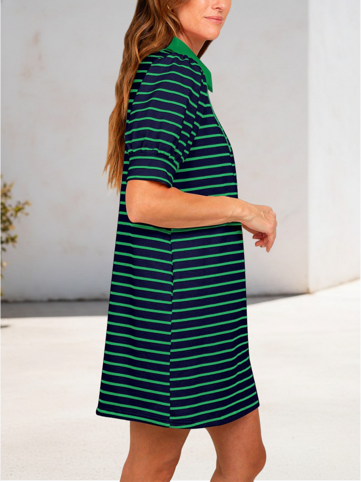 Imily Bela Women's Summer Lapel Collared V Neck Striped Dress Casual Puff Short Sleeve Polo Tshirt Dresses with Pockets