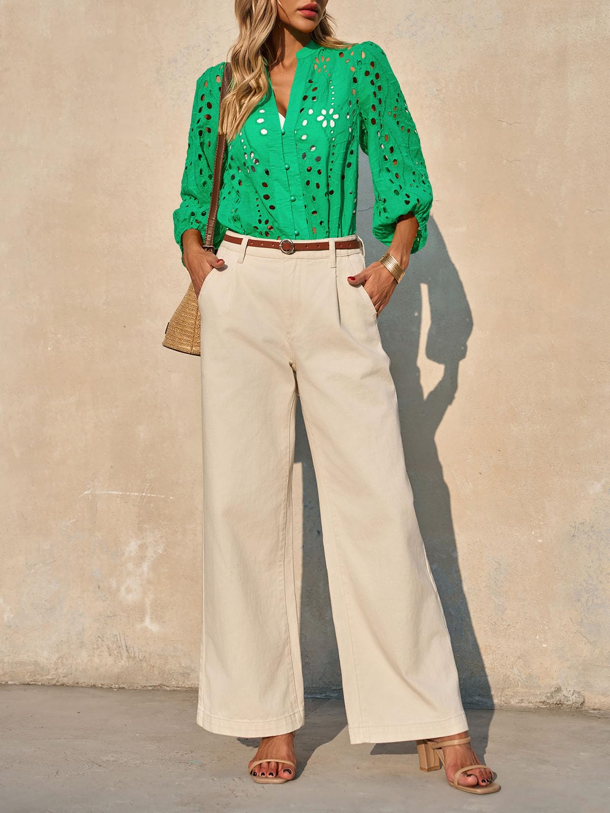 Imily Bela Womens Deep V Neck Eyelet Blouses 3/4 Balloon Sleeve Button Down Hollow Out Fall Shirts