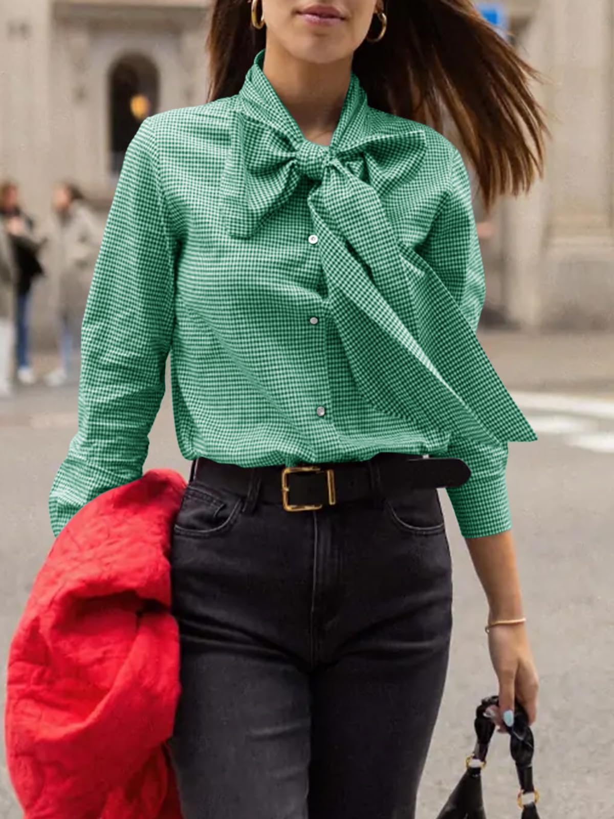 Imily Bela Womens Plaid Shirts Bow Tied Neck Button Down Long Sleeve Casual Dressy Blouse Tops