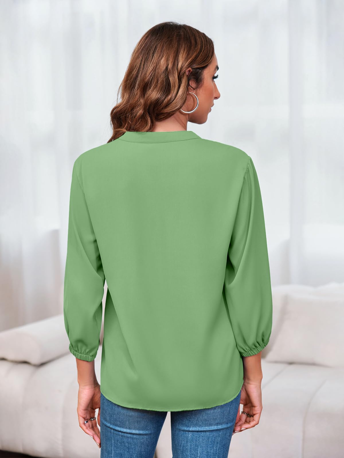 Imily Bela Womens V-Neck Lantern Sleeve Blouse Zipper Design Loose Casual Top Shirts