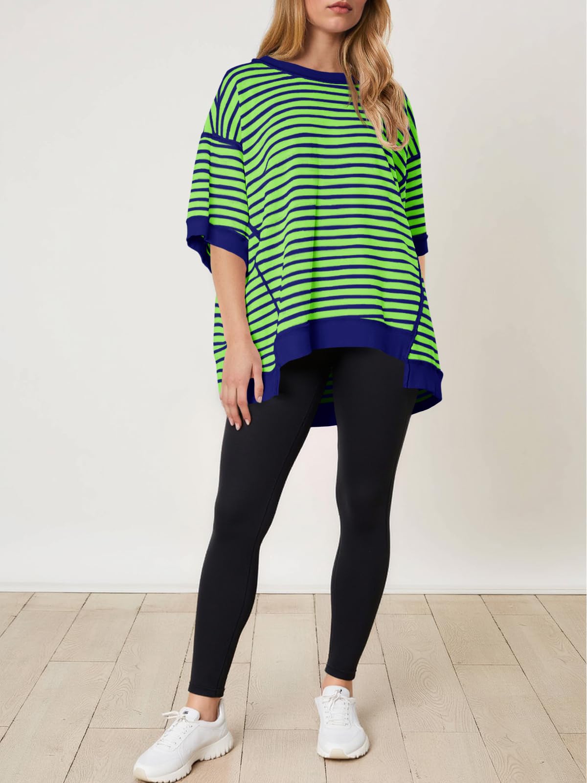 Imily Bela Womens Oversized T Shirts Striped Color Block Cotton Tops Summer Casual Half Sleeve Loose Fit Crewneck Sweatshirts