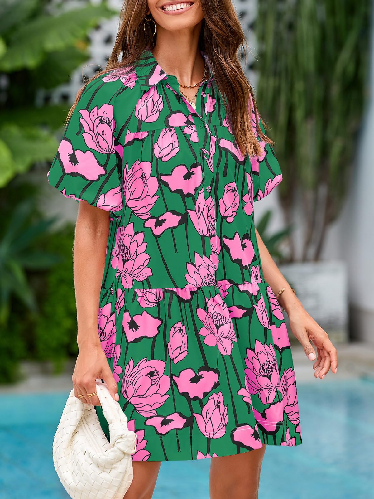 Imily Bela Women's Summer Button Down Shirt Dress Floral Puff Short Sleeve Casual Loose Fit Beach Mini Dresses