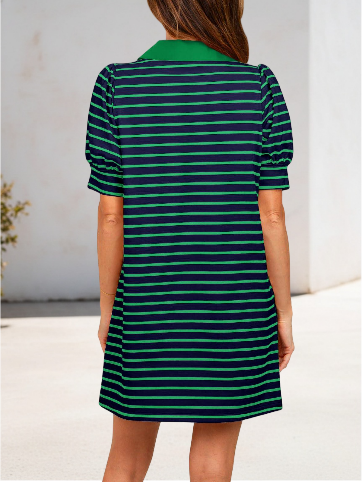 Imily Bela Women's Summer Lapel Collared V Neck Striped Dress Casual Puff Short Sleeve Polo Tshirt Dresses with Pockets