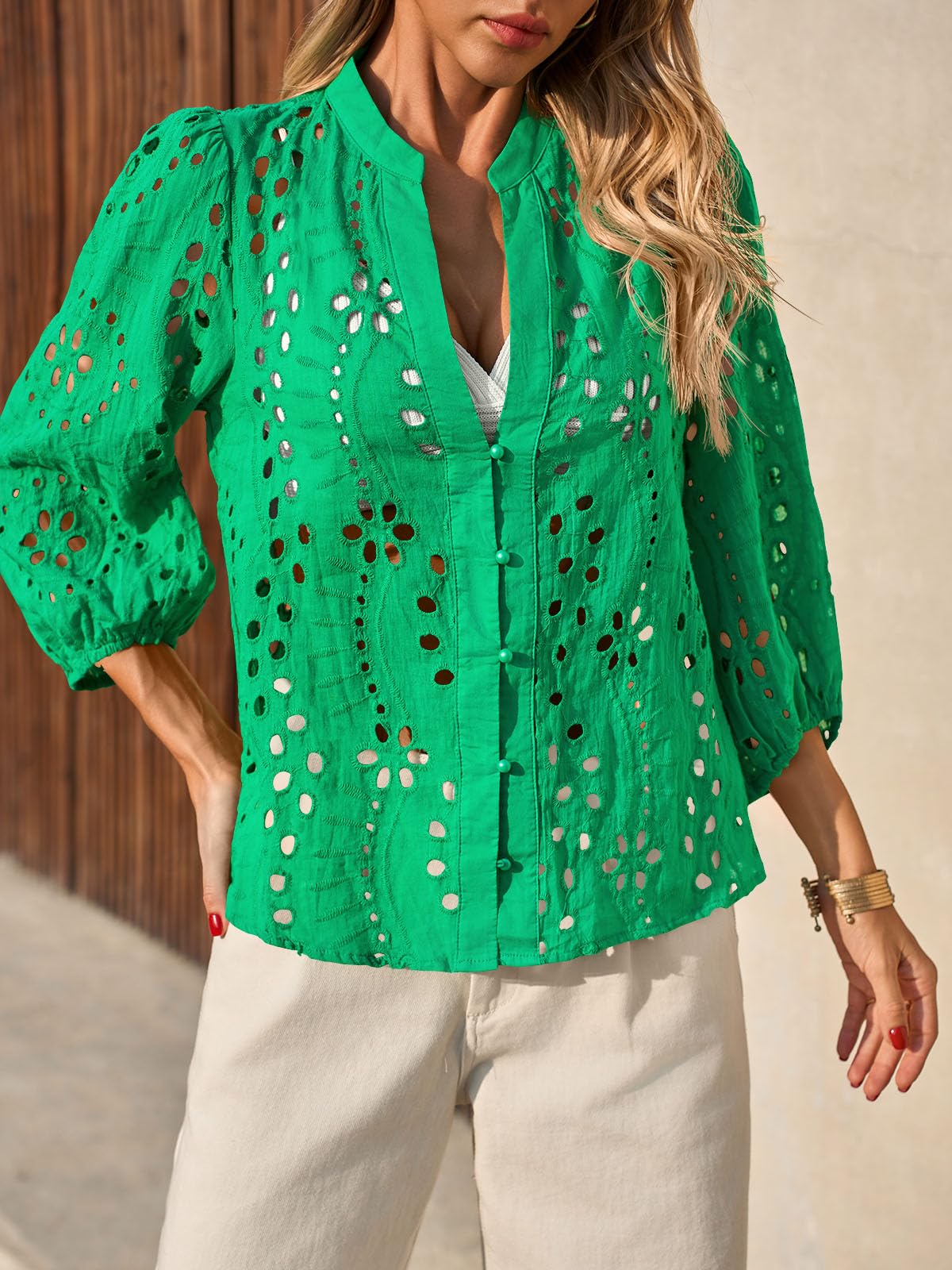 Imily Bela Womens Deep V Neck Eyelet Blouses 3/4 Balloon Sleeve Button Down Hollow Out Fall Shirts