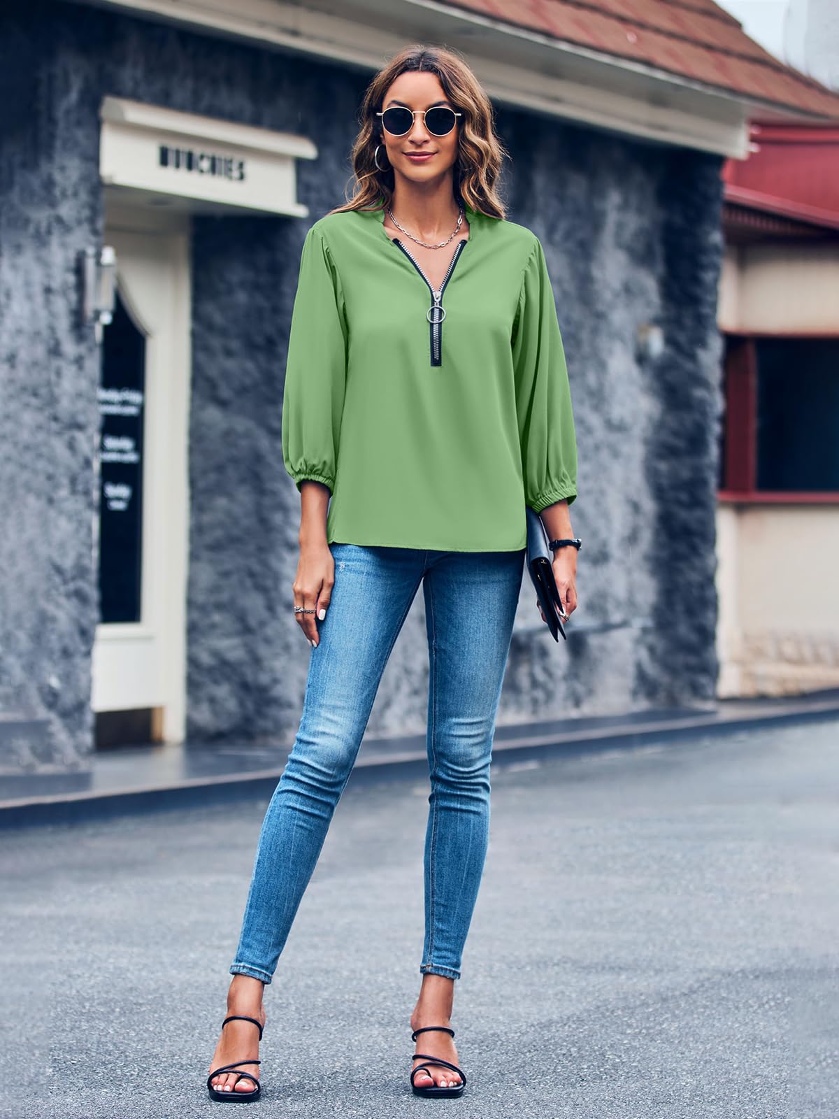 Imily Bela Womens V-Neck Lantern Sleeve Blouse Zipper Design Loose Casual Top Shirts