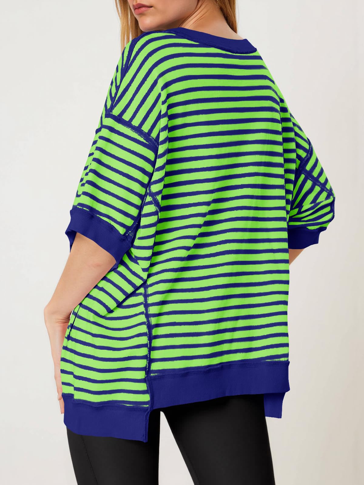 Imily Bela Womens Oversized T Shirts Striped Color Block Cotton Tops Summer Casual Half Sleeve Loose Fit Crewneck Sweatshirts