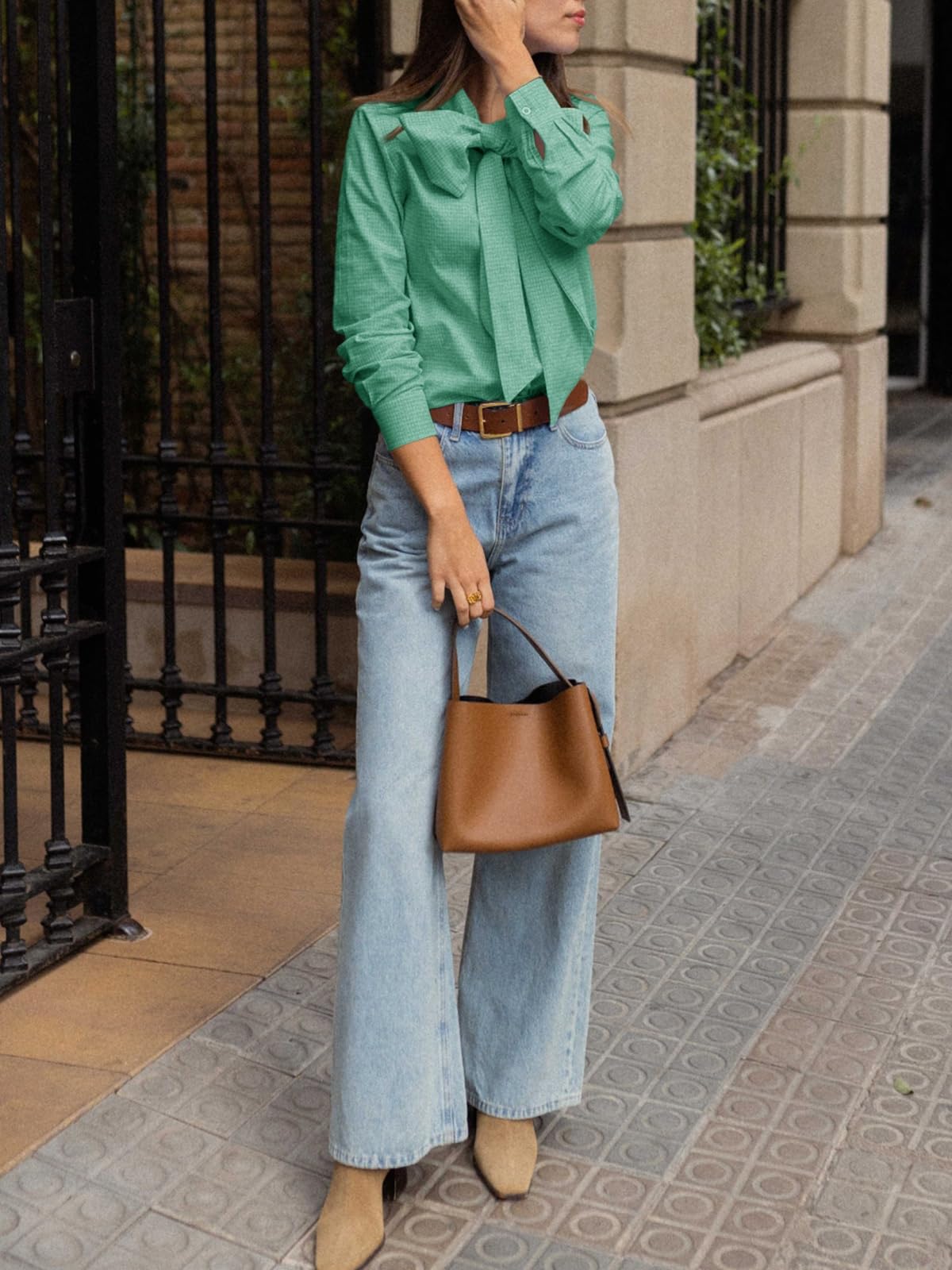 Imily Bela Womens Plaid Shirts Bow Tied Neck Button Down Long Sleeve Casual Dressy Blouse Tops