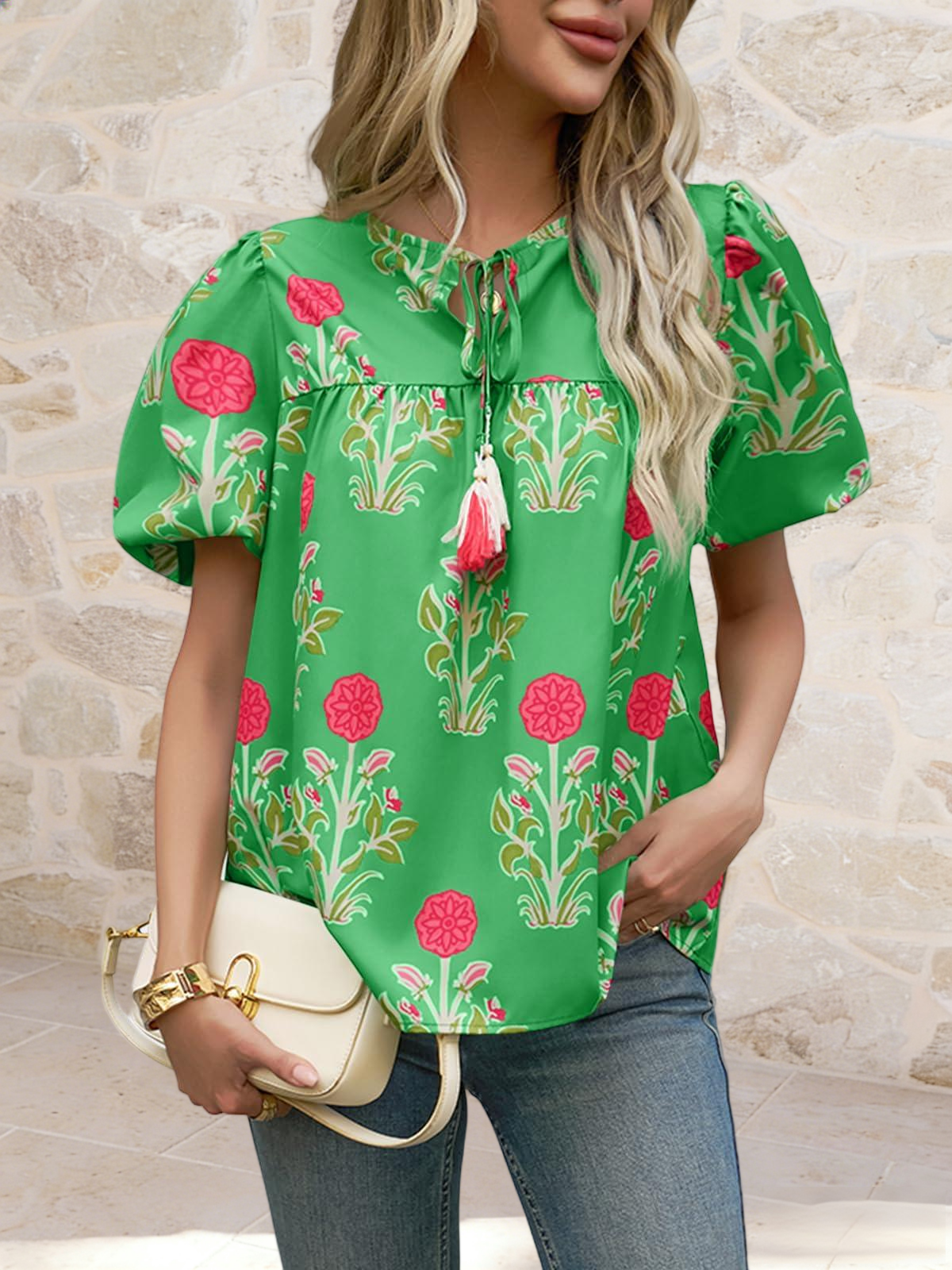 Imily Bela Womens Boho Floral Blouses Short Puff Sleeve V Neck Babydoll Shirts Flowy Tie Front Tops