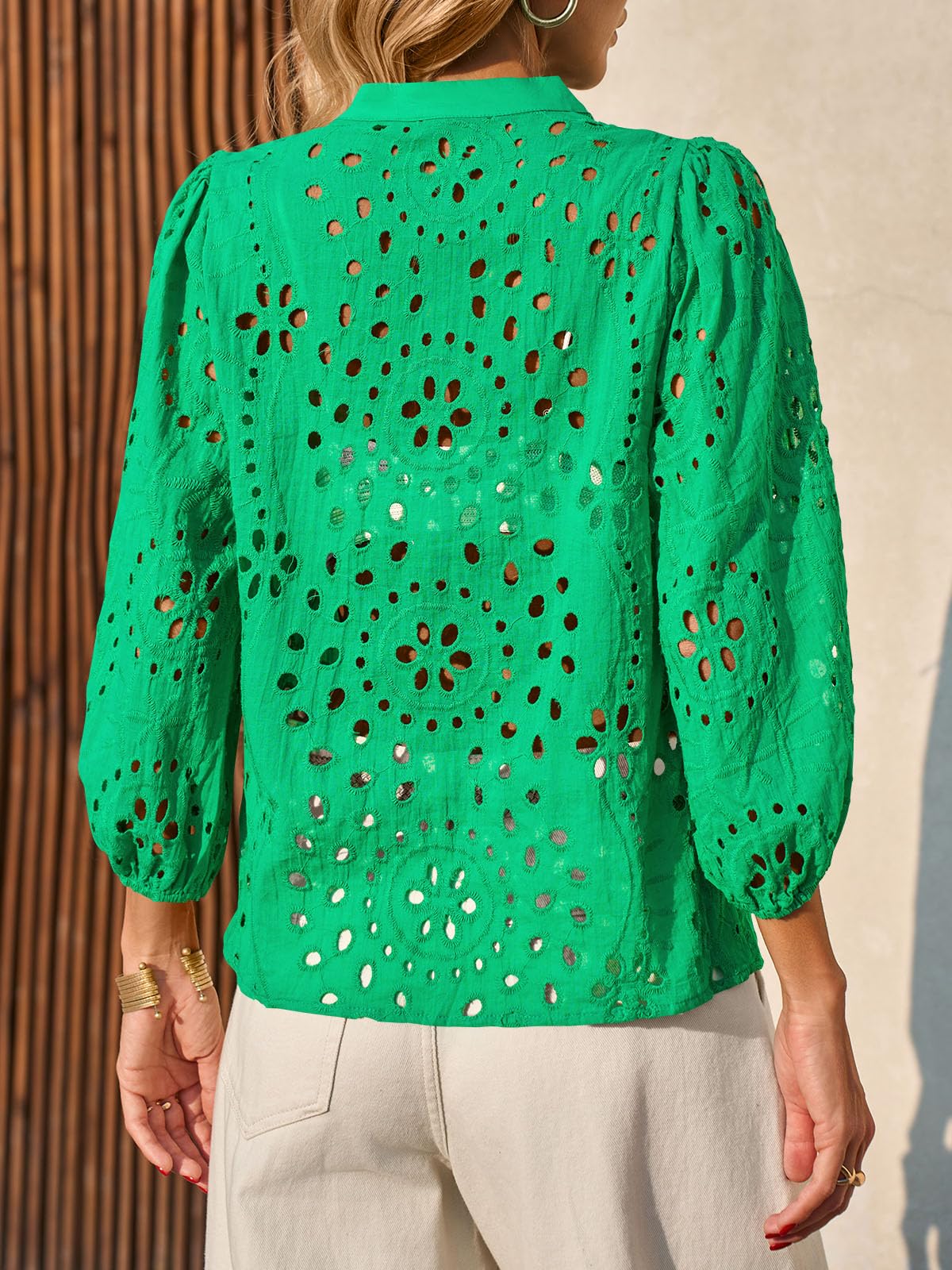 Imily Bela Womens Deep V Neck Eyelet Blouses 3/4 Balloon Sleeve Button Down Hollow Out Fall Shirts