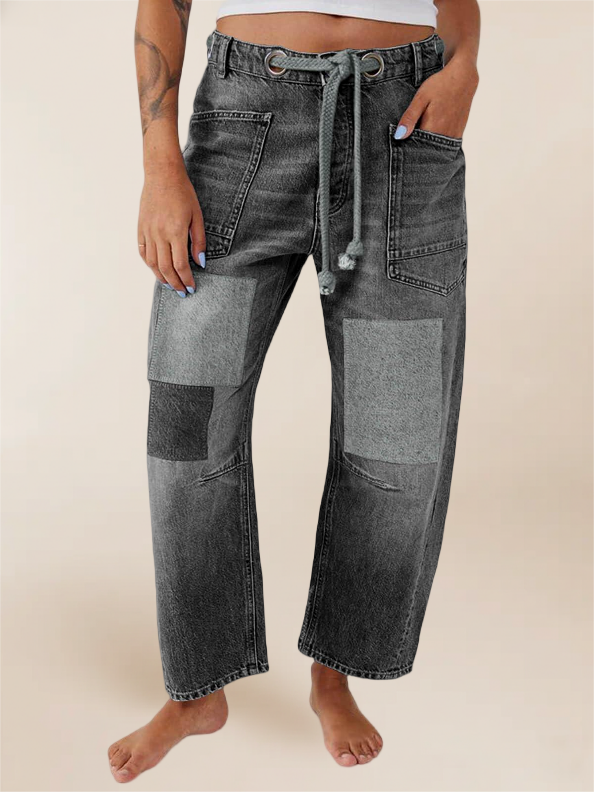 Imily Bela Womens Baggy Barrel Horseshoe Jeans Wide Leg Patchwork Low Rise Denim Pants with Pockets