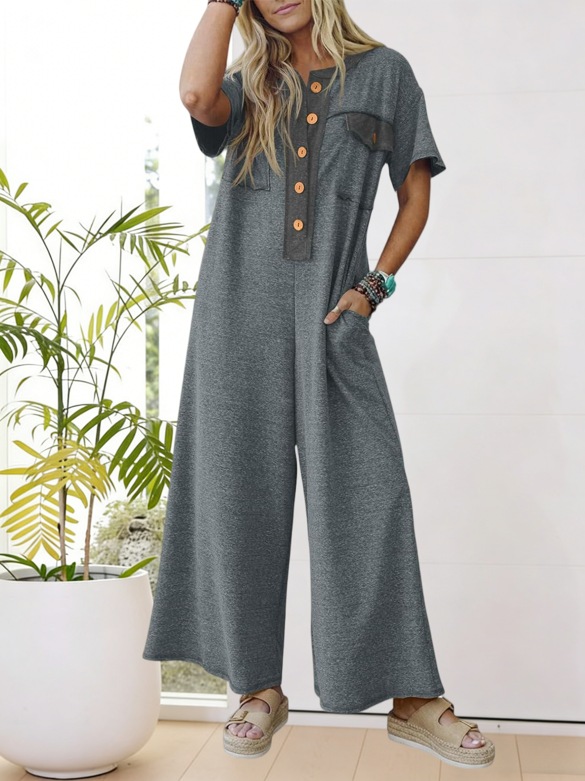 Imily Bela Womens Casual Loose Jumpsuits Short Sleeve V-Neck Button Down One Piece Outfits Wide Leg Summer Long Pant Rompers