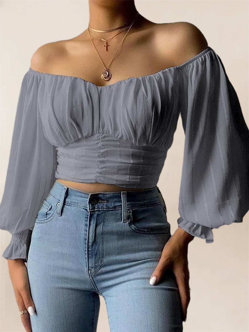 Imily Bela Womens Elegant Off The Shoulder Puff Sleeve Blouse Summer Chiffon Slim Fit Party Crop Top