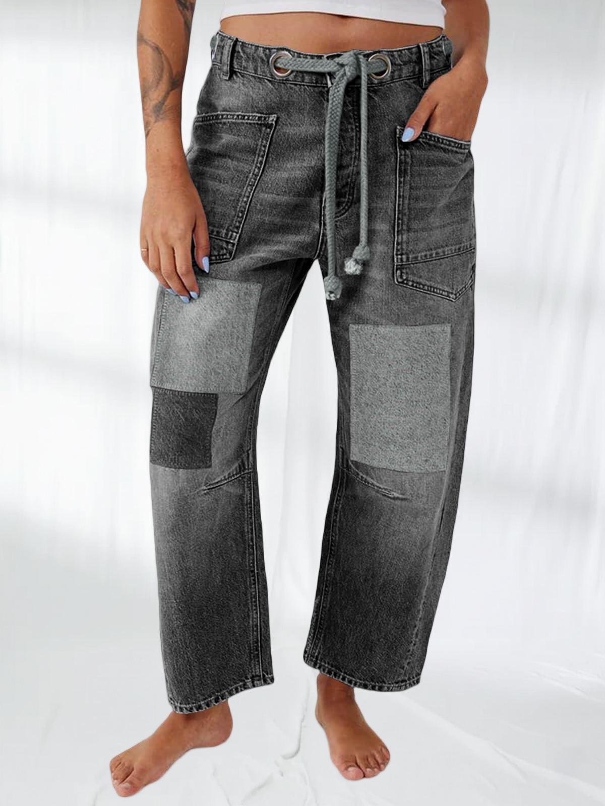 Imily Bela Womens Baggy Barrel Horseshoe Jeans Wide Leg Patchwork Low Rise Denim Pants with Pockets