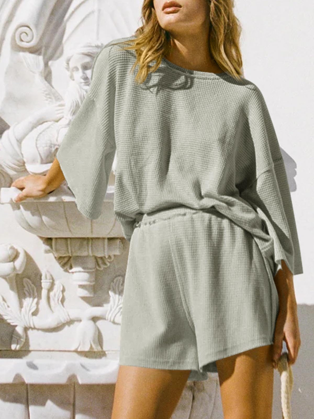 Imily Bela Womens Short Sets 2 Piece Outfits 3/4 Sleeve Tops and Elastic Waist Shorts Lounge Set Casual Loungewear