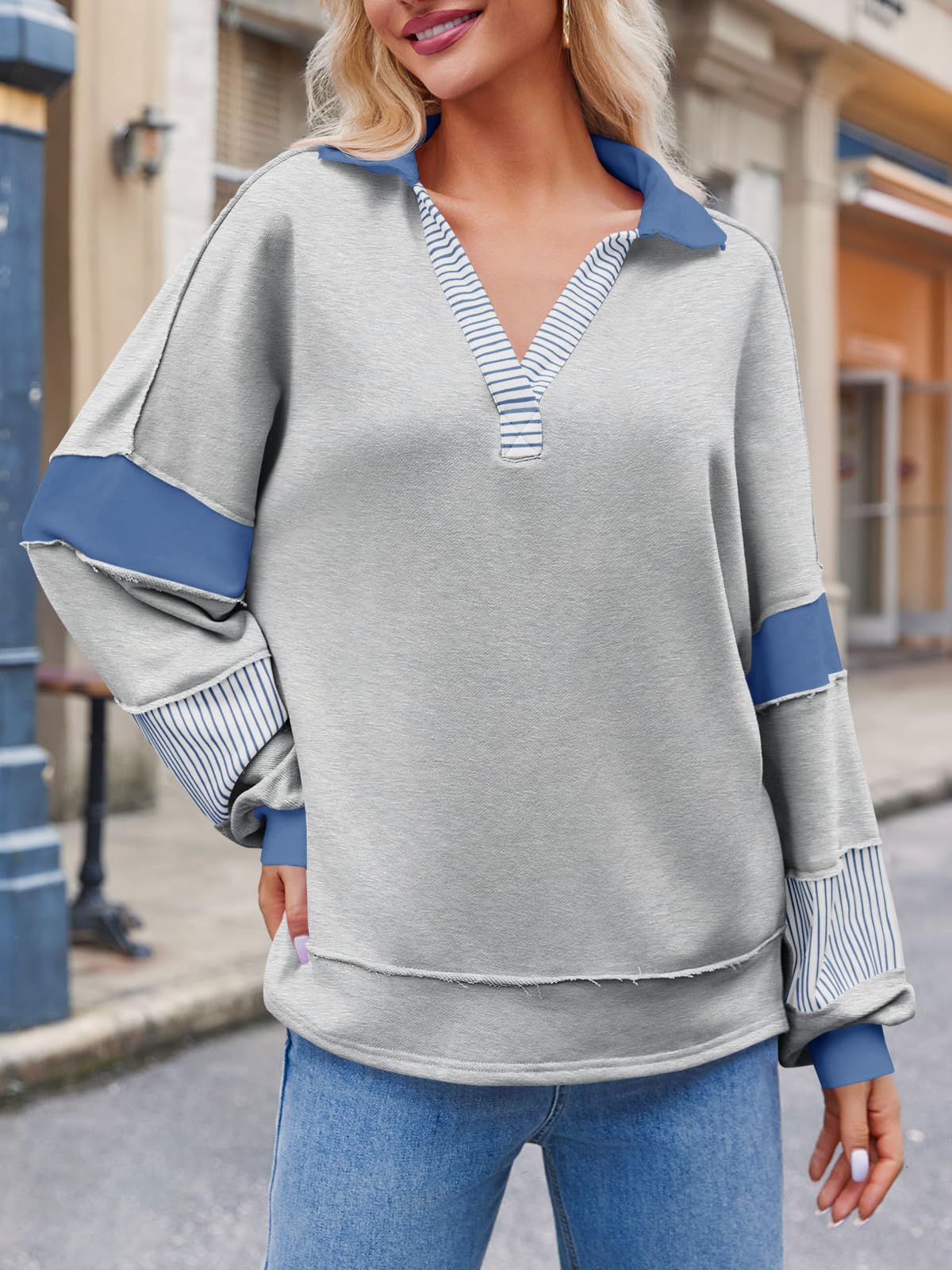 Imily Bela Womens Color Block Oversized Sweatshirt Polo V Neck Long Sleeve Shirts Casual Loose Pullover Tops