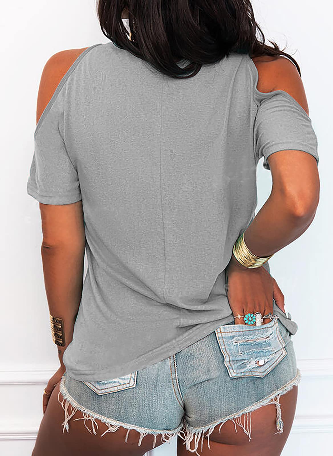 Imily Bela Women's Summer Cold Shoulder T-Shirt Casual Short Sleeve V Neck Blouse Top