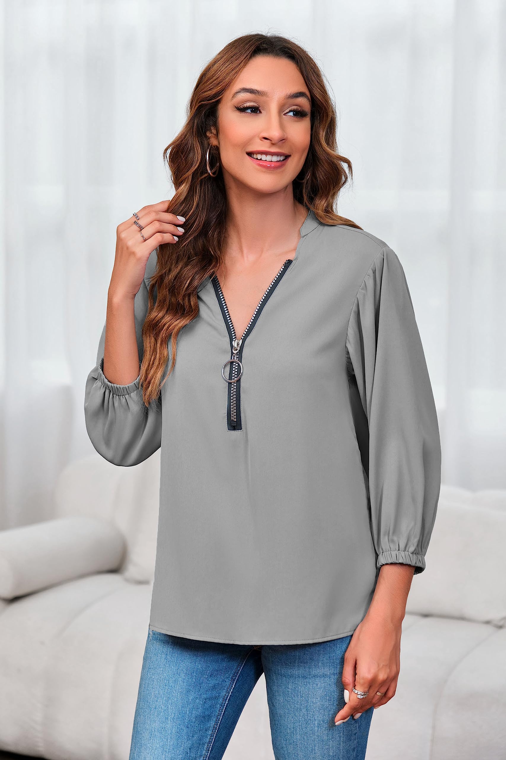 Imily Bela Womens V-Neck Lantern Sleeve Blouse Zipper Design Loose Casual Top Shirts