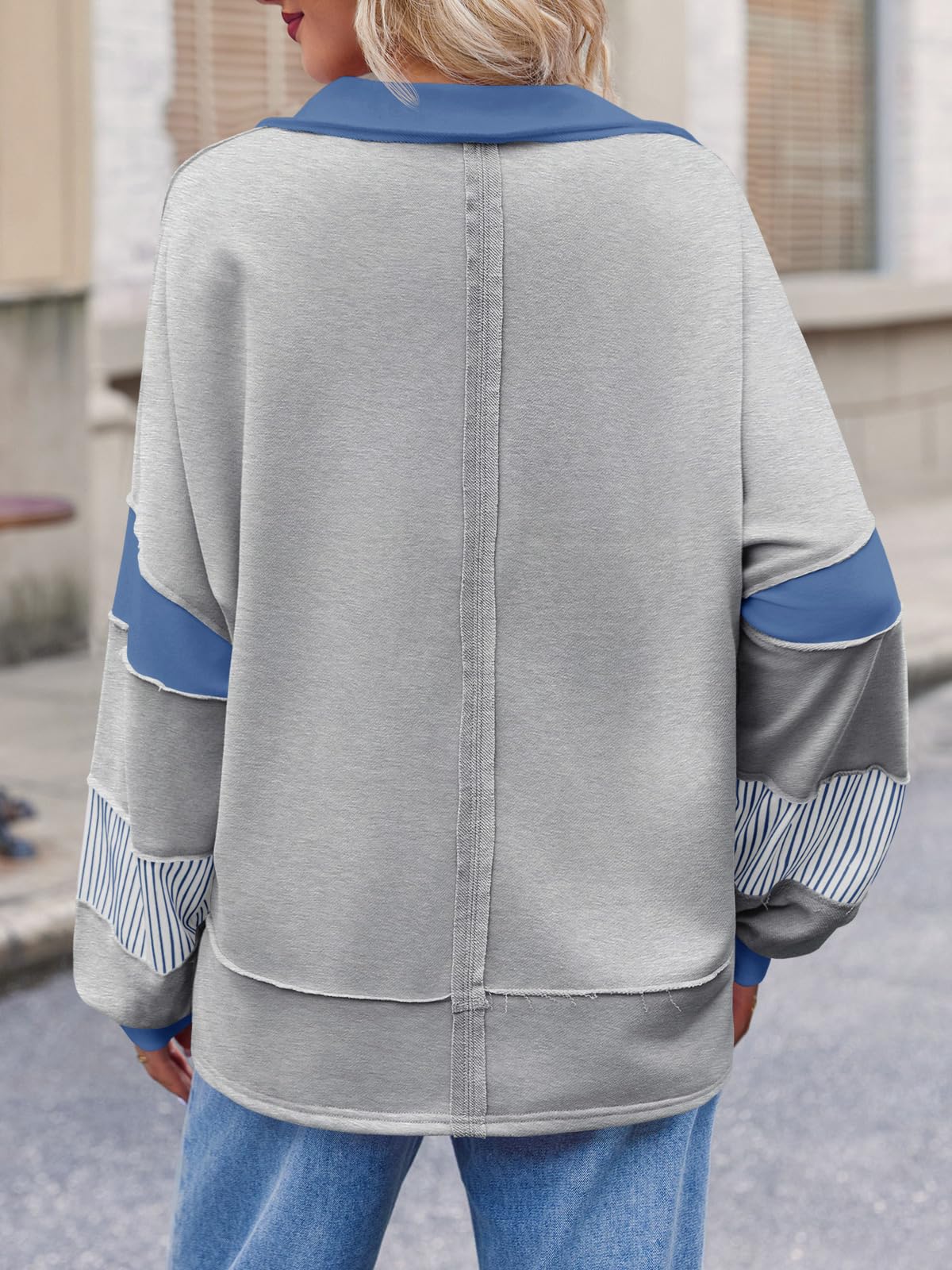 Imily Bela Womens Color Block Oversized Sweatshirt Polo V Neck Long Sleeve Shirts Casual Loose Pullover Tops