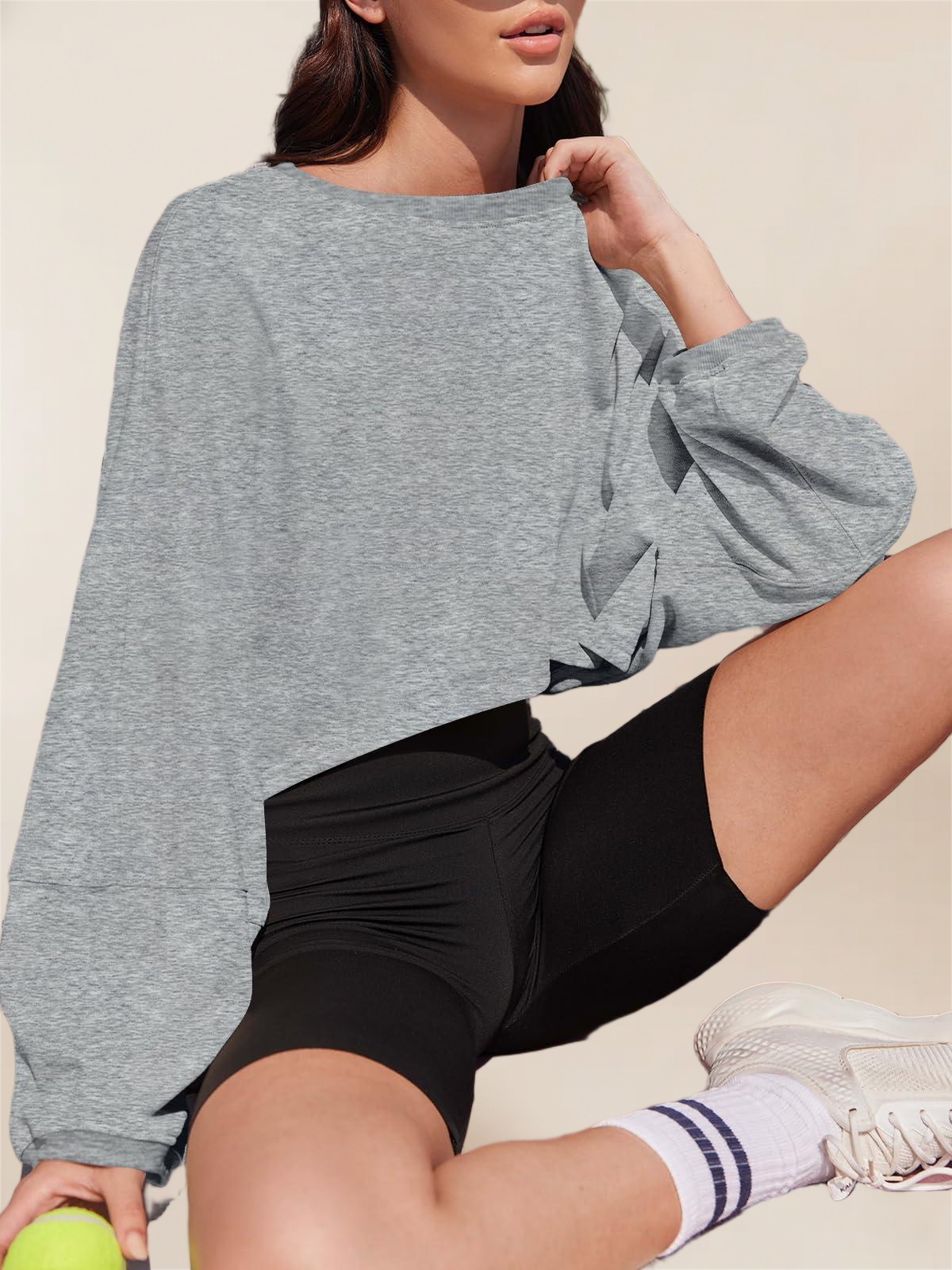 Imily Bela Womens Long Ballon Sleeve Sweatshirts Tops Cropped Crew Neck Loose Fit Casual Workout Shirts