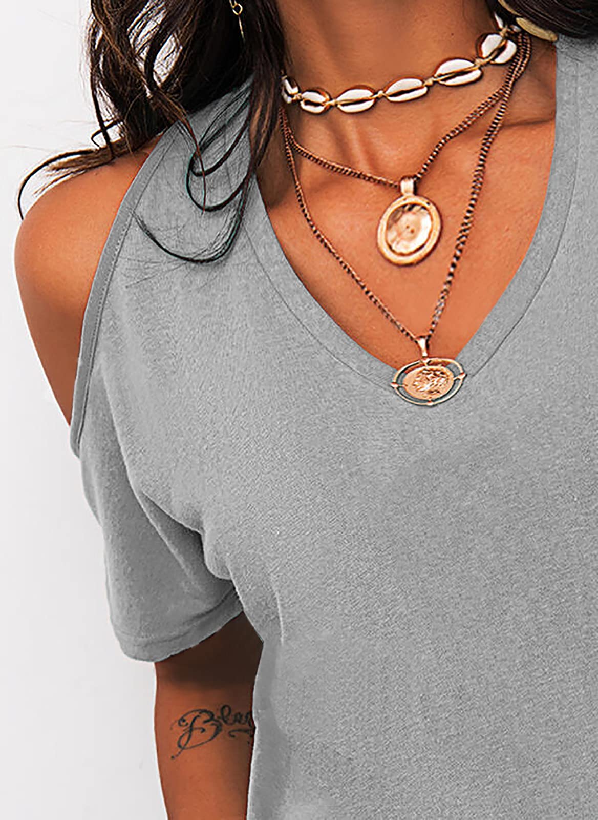 Imily Bela Women's Summer Cold Shoulder T-Shirt Casual Short Sleeve V Neck Blouse Top