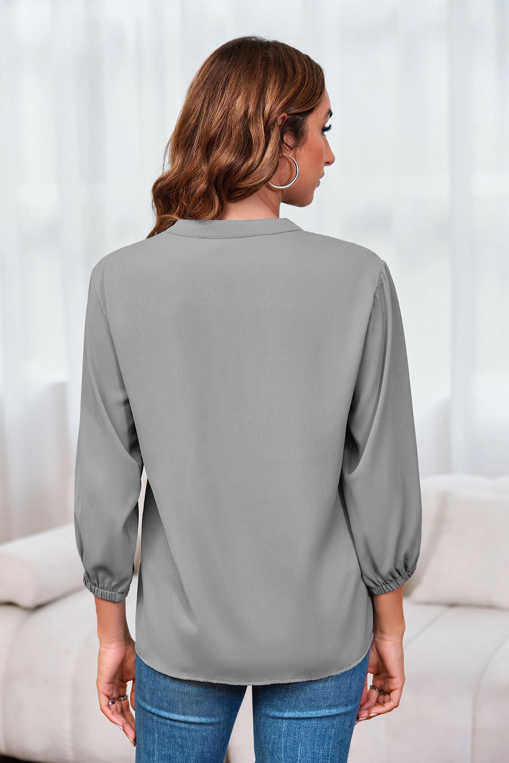 Imily Bela Womens V-Neck Lantern Sleeve Blouse Zipper Design Loose Casual Top Shirts