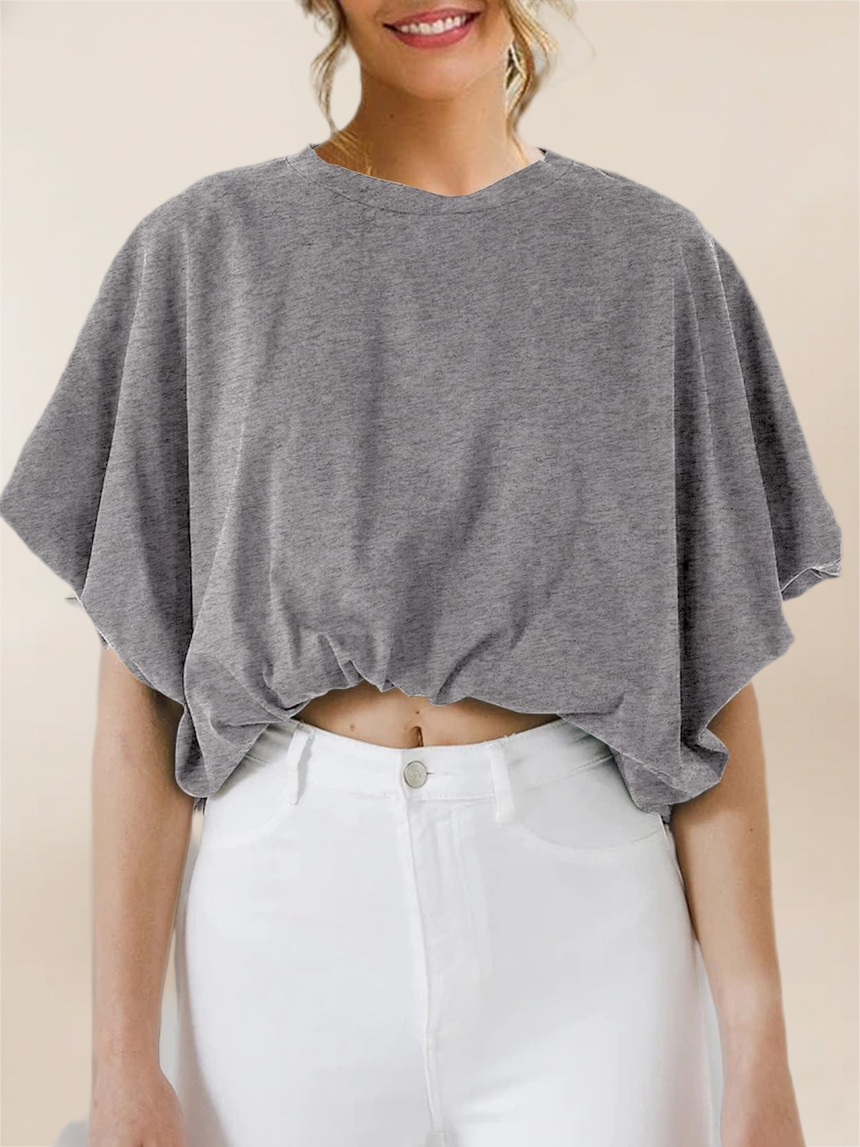 Imily Bela Womens Summer Crewneck Crop Tops Short Sleeve Casual Loose Cropped T Shirts
