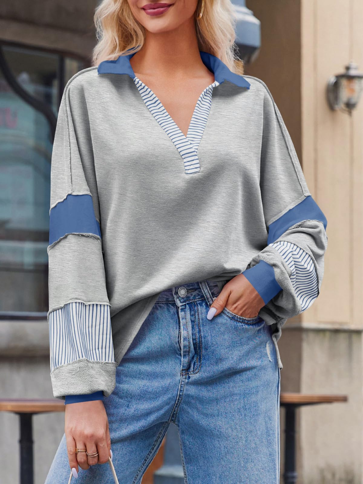 Imily Bela Womens Color Block Oversized Sweatshirt Polo V Neck Long Sleeve Shirts Casual Loose Pullover Tops