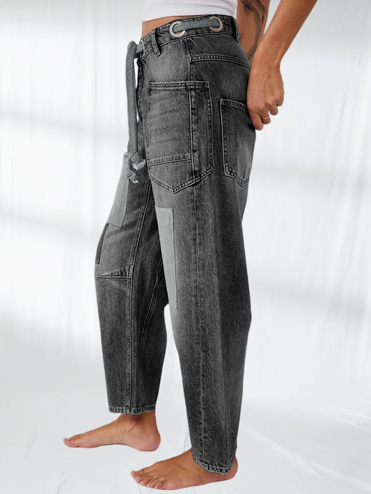 Imily Bela Womens Baggy Barrel Horseshoe Jeans Wide Leg Patchwork Low Rise Denim Pants with Pockets