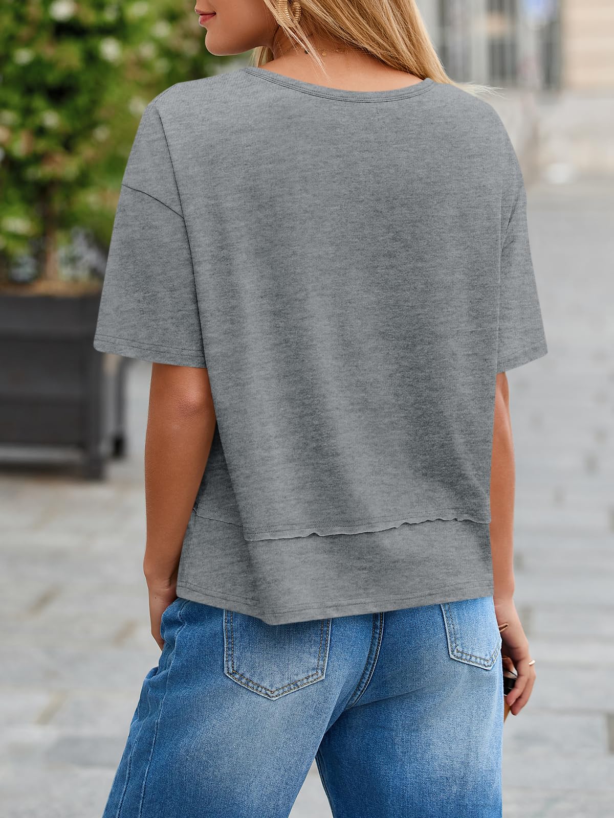 Imily Bela Womens Summer V Neck T Shirts Casual Short Sleeve Flowy Tops Cute Loose Fit Basic Tees