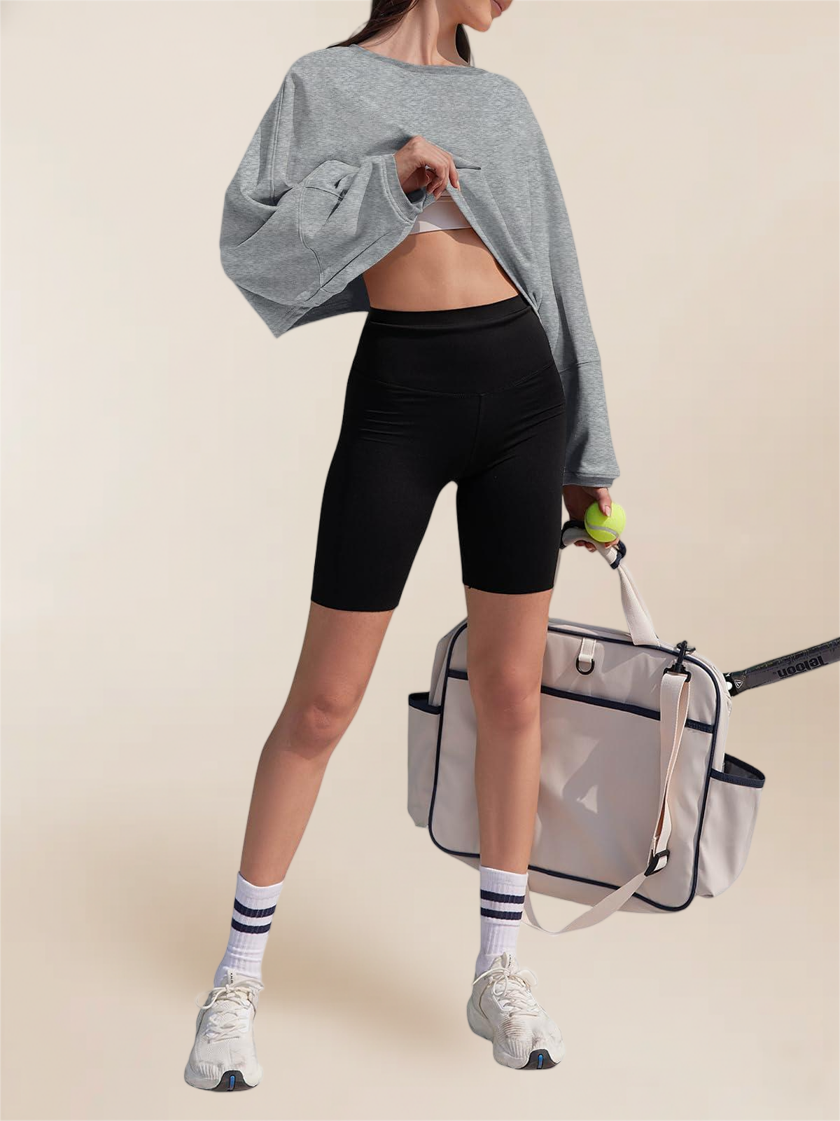 Imily Bela Womens Long Ballon Sleeve Sweatshirts Tops Cropped Crew Neck Loose Fit Casual Workout Shirts